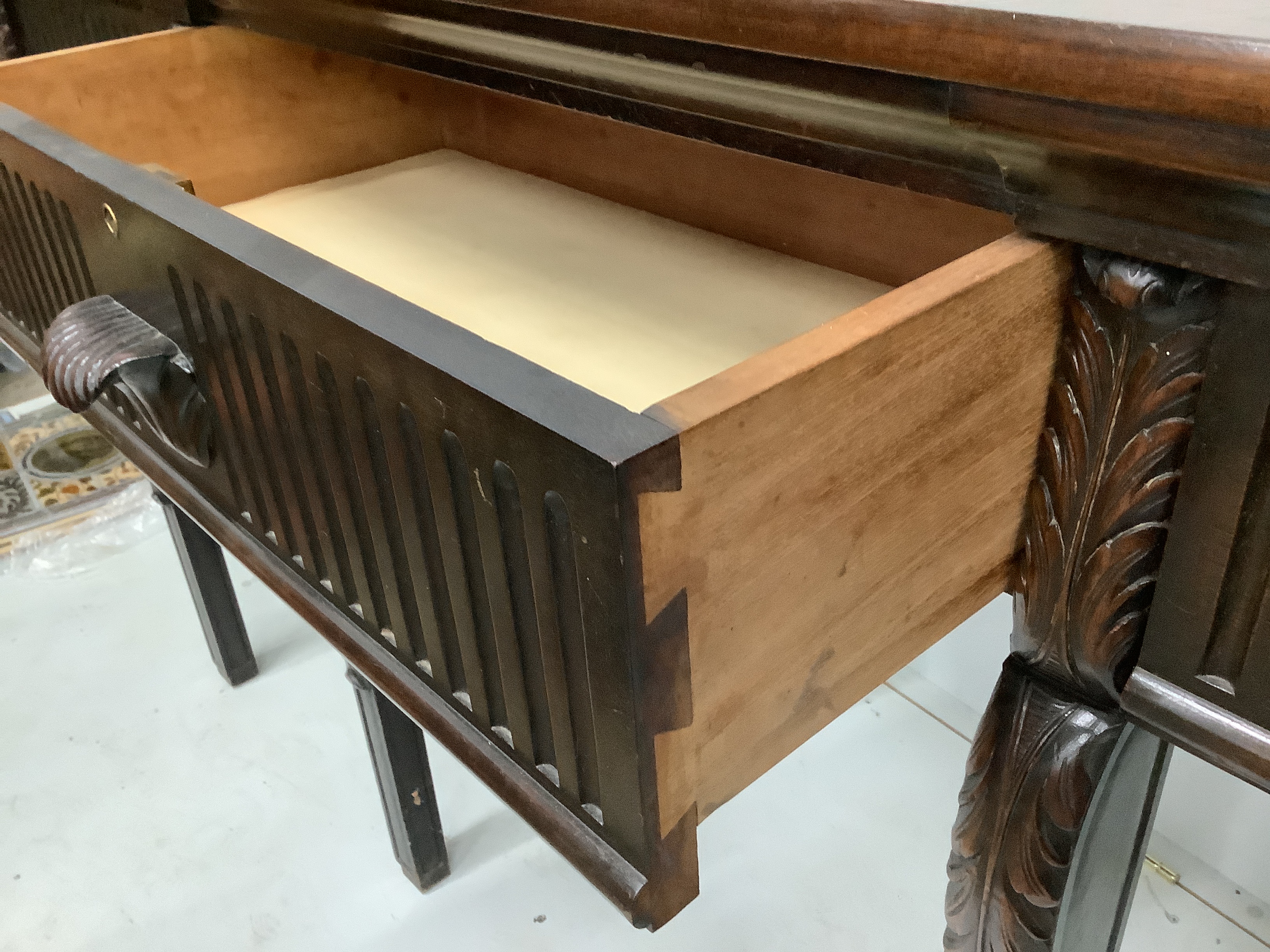 An Adams style Honduras mahogany serving table, width 189cm, depth 47cm, height 105cm
